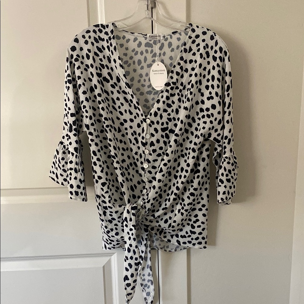 Black and White Tie Front Relaxed Blouse